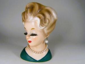 Inarco Lady Head Vase E-2105 Blonde Hair in Green with Pearl Earrings & Necklace
