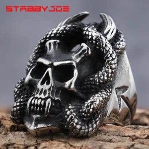 STABBYJOE MENS STAINLESS STEEL BIKER HORNED DEMON RING LARGE HEAVY SIZE 8-13 USA - Picture 1 of 6