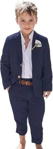 Linen Boy's Suits Casual Summer Beach Formal Tuxedo Blazer Pant Slim Fit 2 Piece - Picture 1 of 18