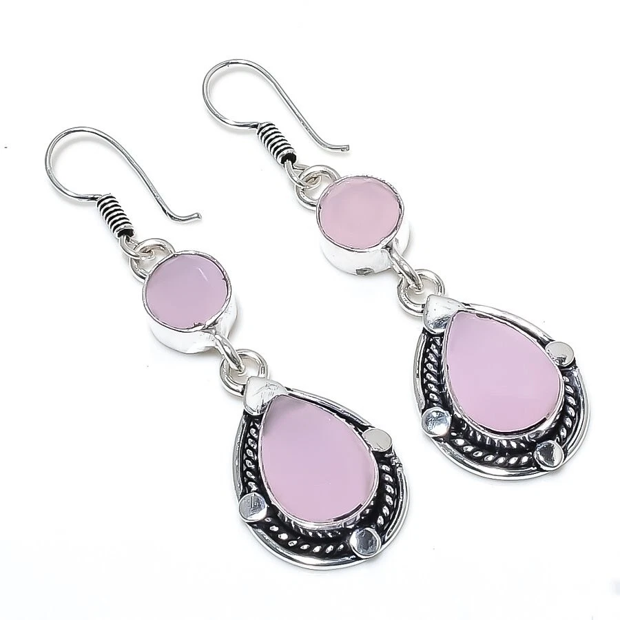 Rose Quartz Gemstone Handmade 925 Sterling Silver Jewelry Earring Sz 2.25'' - Image 1 of 1
