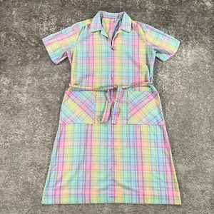 Vintage Day Dress Womens Medium M Pink Yellow Pastel Plaid Tie Waist 60s 70s MOD - Picture 1 of 16