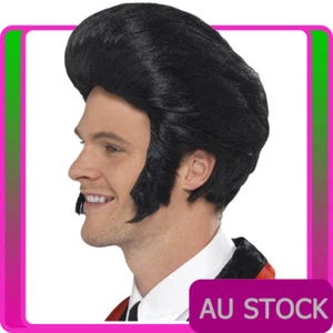 Mens 50s Quiff King Wig Black Danny T Birds 50's Grease Wigs With Sideburns - Picture 1 of 2