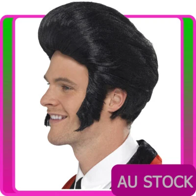 Mens 50s Quiff King Wig Black Danny T Birds 50's Grease Wigs With Sideburns - Image 1 of 2
