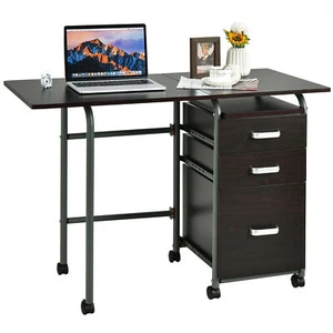 Folding Computer Laptop Desk Wheeled Home Office Furniture w/3 Drawers Brown - Picture 1 of 10