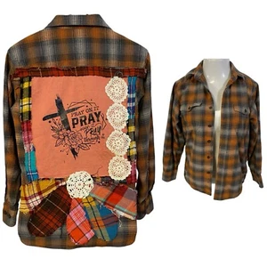 Christian Flannel Shirt Womens Size M Shacket Pray Cross Grunge Country Upcycled - Picture 1 of 19