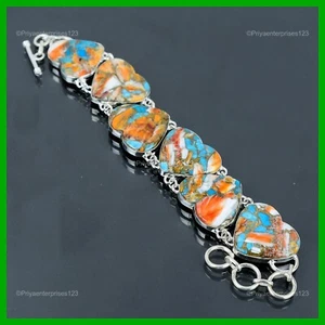 Spiny Oyster Copper Turquoise Gemstone 925 Silver Chain Bezel Wife Boho Bracelet - Picture 1 of 6