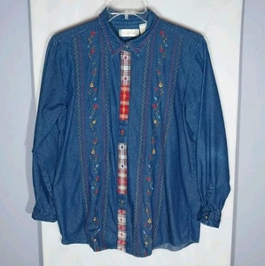 Vintage Womens Denim Top L Embroidered Oversized Grandmacore Cottagecore Cowgirl - Picture 1 of 7