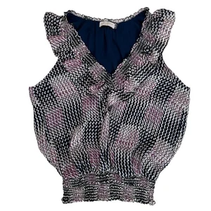 Ramy Brook Flirty Ruffle Top Small Purple Black Sleeveless Lined V Neck Office - Picture 1 of 13