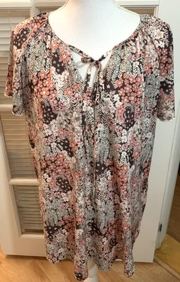 Простой весело блузка размер 2XL коричневый розовый цветочный галстук шеи пуловер короткий трепетать Sleev - Изображение 1 из 4