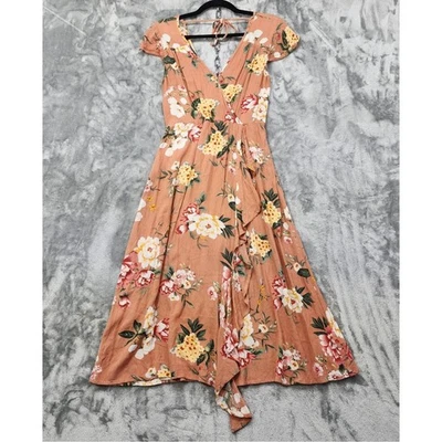 Платье женское Anthropologie Band of Gypsies S персиковое с цветочным рисунком искусственное с запахом миди опрятное - Изображение 1 из 4