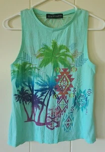 Almost Famous Jrs XS Tank Top Sea Green Sleeveless w Mesh/Lace Back Tropical - Picture 1 of 5