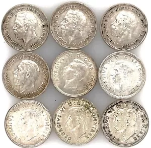 LOT OF (9) UNC.  3 PENCE SILVER -1931,32,33,34,37,38,41,42,1943 - GREAT BRITAIN. - Picture 1 of 4
