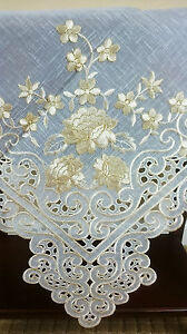 Embroidered Rose Cutwork 33" Square Embroidery Tablecloth Topper *Beige Gold