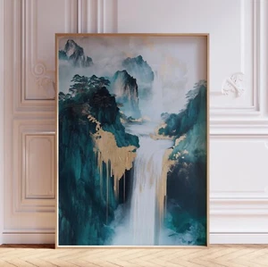 Green and Gold Waterfall Japandi Wall Art Print - Picture 1 of 5