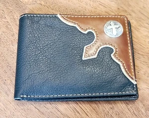 Montana West Black & Brown Bifold Waller With Silvertone Cross On It - Picture 1 of 6