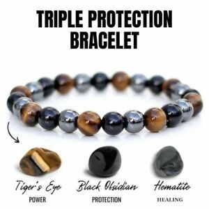 Obsidian Tiger Eye Hematite Bracelet Triple Protection Bangle Women Men Jewelry