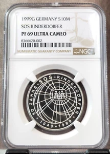 1999 GERMANY SILVER 10 MARK SOS KINDERDORFER NGC PF 69 ULTRA CAMEO RARE TOP POP - Picture 1 of 3