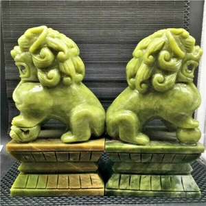 Old Chinese Fengshui Xiu Jade Carving Guardian Door Fu Foo lion Statue Pair 621s - Picture 1 of 9
