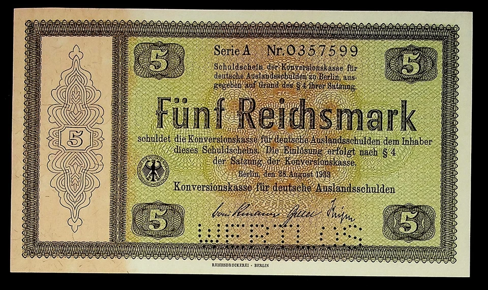 1933 Germany Foreign Debt 5 Reichsmark Banknote UNC Specimen - Image 1 of 2