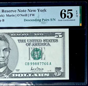 2001 $5 FEDERAL RESERVE NOTE- DESCENDING PAIRS LADDER #99887766- PMG #65 EPQ GEM - Picture 1 of 4