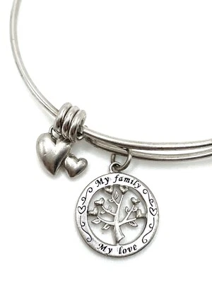 Sterling Silver Double Heart Tree Of Life My Family My Love Charm Bracelet 2004 - Image 1 of 4