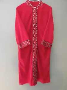 Vintage 60s Loungees Red Velour Robe Housecoat Rose Trim with Gold Thread - Picture 1 of 15