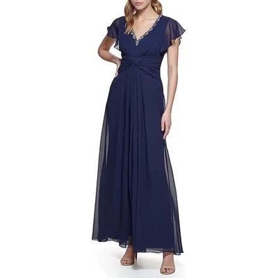 Eliza J Size 14 Navy Twist Waist Chiffon Flutter Sleeve Beaded V-Neck Dress - Image 1 of 4