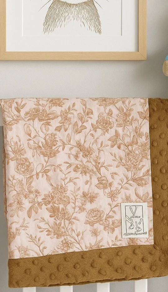 Dust Bunnies Baby Blanket 36x28 Pink Brown French Country Toile Minky Reversible - Image 1 of 4
