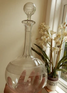Glass Wine Decanter 1930's Art Deco Concentric Rings Mouth Blown Original 11.5" - Picture 1 of 19