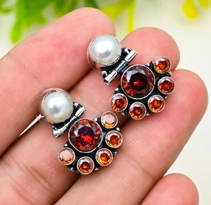 Mozambique Garnet Gemstone 925 Sterling Silver Handmade Jewelry Earrings 1.45" - Picture 1 of 6