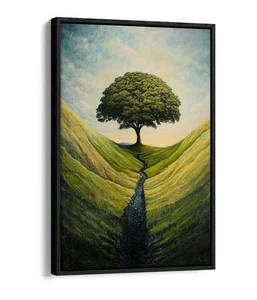 BEAUTIFUL GREEN TREE ON A HILL -FLOAT EFFECT FRAMED CANVAS WALL ART PRINT - Picture 1 of 12