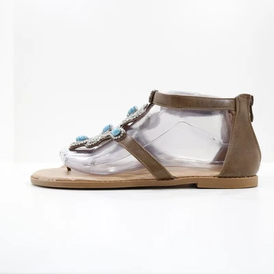 Torrid Brown Faux-Leather Rhinestone Embellished Flat T-Strap Sandals - 10 W - Image 1 of 4