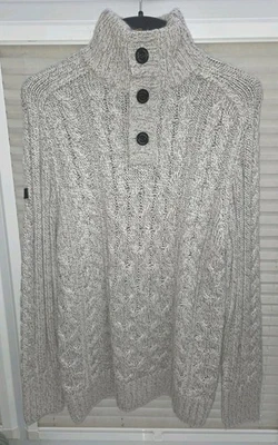 Mens 2XL Superdry Button Neck Grey & White Cable Knit Wool Jumper. Exc Cond. - Image 1 of 4