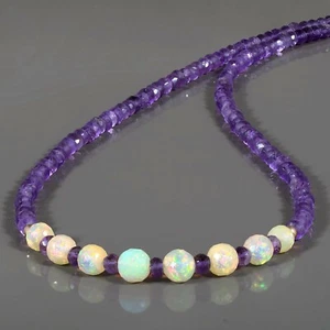 Natural Amethyst & Ethiopian Fire Opal 925 Silver Chain 18" Beads Women Necklace - Picture 1 of 5