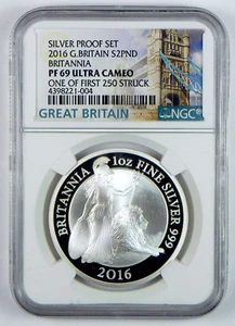 2016 £2 UK Britannia 1 Oz .999 Silver Coin - NGC PF 69 UC - 1st of 250 Struck - Picture 1 of 3