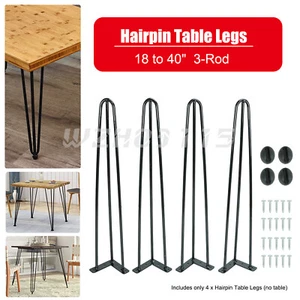 Hairpin Table Legs 16 to 40" Coffee Table Metal Legs 3-Rod Black Iron Set of 4 - Picture 1 of 11