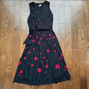 Anne Klein Women's Printed Chiffon Black Red Floral V Neck Midi Dress Sleeveless - Picture 1 of 12