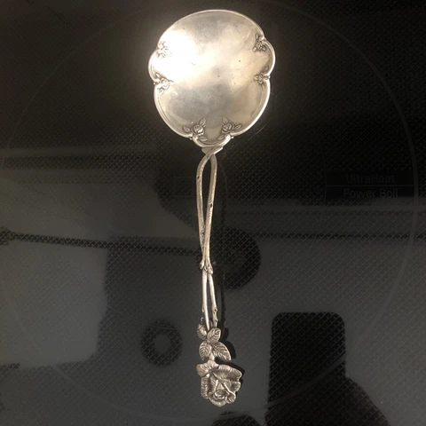 ANTIQUE 800 SILVER ROSE HANDLE SERVING SPOON ~ 19THC 1.55 OZ Cover