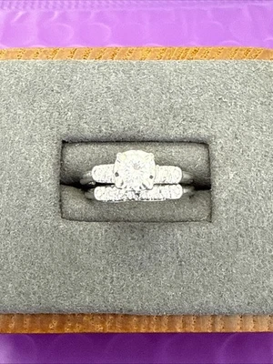 💎Винтажный 900 платины круглой огранки бриллиант помолвки / обручальное кольцо комплект размер 5 3/4 - Изображение 1 из 4