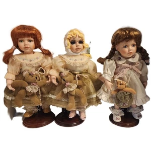 Set of 3 Geppeddo Porcelain Dolls Axis Corp 13in with Teddy Bears - Picture 1 of 16
