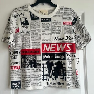 French Pastry Black and Red Newspaper Print Tee Women's Small - Picture 1 of 10