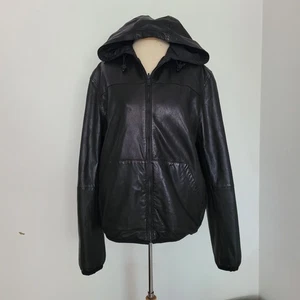 Massimo Dutti Reversable Leather Windbreaker Hooded Bomber Jacket Large - Picture 1 of 13