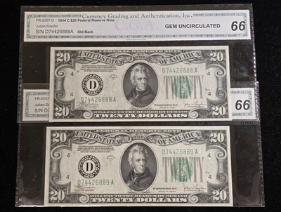 1934-C $20 Federal Reserve Note Cleveland 2x Consecutive UNC - Image 1 of 4