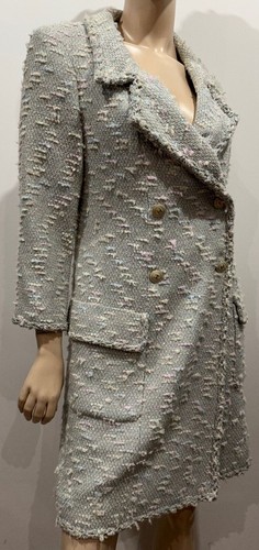 Cappotto giacca CHANEL blu pallido tweed misto cotone lana testurizzato foderato seta 42 UK14