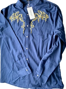 CAMISA DE VESTIR ESTILO VAQUERO BORDADA AZUL MARINO Y DORADO ZEROYAA PARA HOMBRE XL NUEVA CON ETIQUETAS UNISEX - Imagen 1 de 8