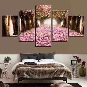 Cherry Blossom Forest Flowers Nature Tree Path 5 Piece Panel Canvas Wall Art - Picture 1 of 3