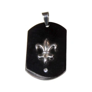 Men's Polished Stainless Steel Dog Tag Pendant with Fleur de Lis and CZ Accents - Picture 1 of 3