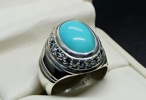 Anillo liso turquesa natural 925 hecho a mano Neshapuri Feroza plata esterlina 925 de 9 quilates - Imagen 1 de 12