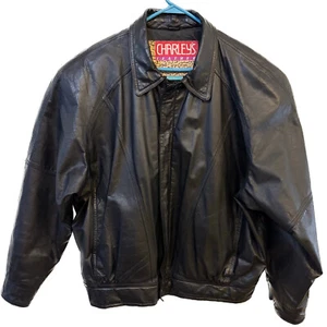Vintage Charley's Leather Bomber Jacket Mens XL Black Pockets Full Zip 90s - Picture 1 of 19