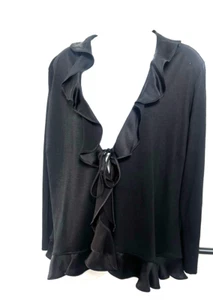 MAX MARA Ruffle Tie Front Top Lightweight Cardigan Made in Italy Black Wool sz L - Picture 1 of 6